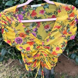 Yellow floral mesh crop top